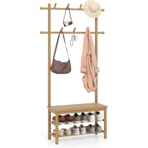 COSTWAY 3 in 1 Appendiabiti da Terra in Bambù, Appendiabiti Salvaspazio con Scarpiera a 2 Ripiani, Panca in Rattan PE e 11 Ganci Arrotondati, Mobile Ingresso, 71 x 30 x 169,5 cm (Naturale)