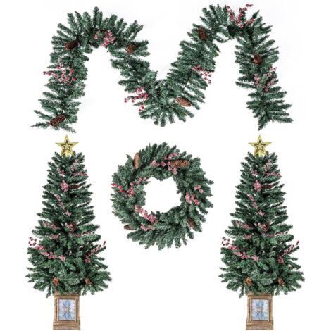 COSTWAY Set di 2 Alberi di Natale in Vaso con Ghirlanda, Corona, Pigne Naturali, Bacche Rosse Ghiacciate e Stella in Cima, Decorazione Natalizie per Camino, Ingresso, Festa