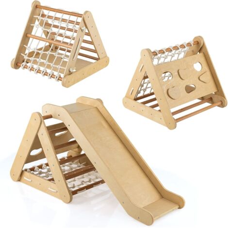 COSTWAY 4 in1 Set Arrampicata per Bambini, Triangolo Arrampicata Bambini con Scivolo, Giocattoli da Arrampicata in Legno con Rete, Carico 50kg, 1 Anni+ (Naturale)