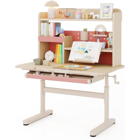 COSTWAY Scrivania per Bambini 3+ Anni, Tavolo da Studio Regolabile in Altezza con Libreria e Cassetto, Piano Inclinabile, Mensole, Leggio e Portapenne, Scrivania per Studiare (Rosa)
