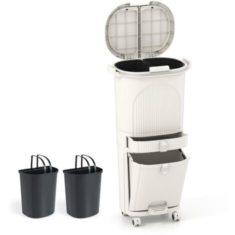 COSTWAY 42L Pattumiera da Cucina con Coperchi, Bidone per Raccolta Differenziata a 3 Piani con 2 Secchi Rimovibili, Pedale e Ruote, Contenitore per Rifiuti (Beige,3 piani) (1/5)