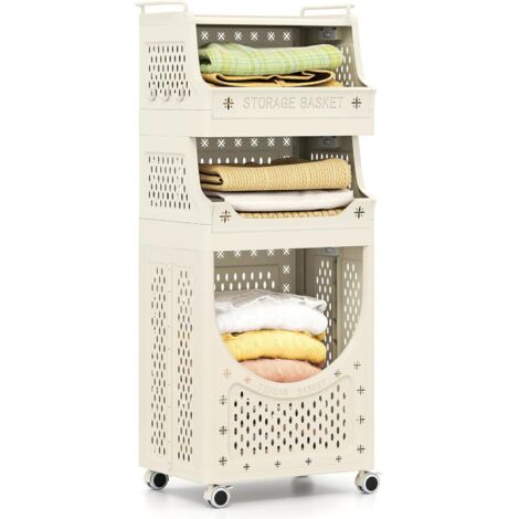 COSTWAY Carrello Lavanderia a 4 Livelli, Cesta Pieghevole con Ruote Bloccabili, 2 Cestini, 6 Ganci Appendiabiti, Carrello Salvaspazio con Ruote per Lavanderia e Bagno (40 x 30 x 100 cm)