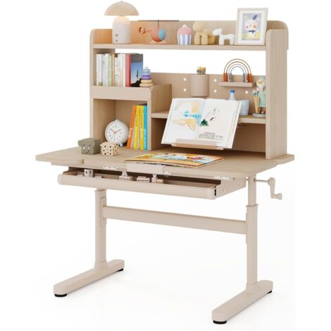 COSTWAY Scrivania per Bambini 3+ Anni, Tavolo da Studio Regolabile in Altezza con Libreria e Cassetto, Piano Inclinabile, Mensole, Leggio e Portapenne, Scrivania per Studiare (Giallo)