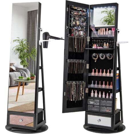 COSTWAY Armadietto Portagioie Girevole a 360°, Specchio Portagioie con Serratura, Supporto per Asciugacapelli, Ripiani, Luci LED e Cassetto (56 x 56 x 164 cm,Nero)