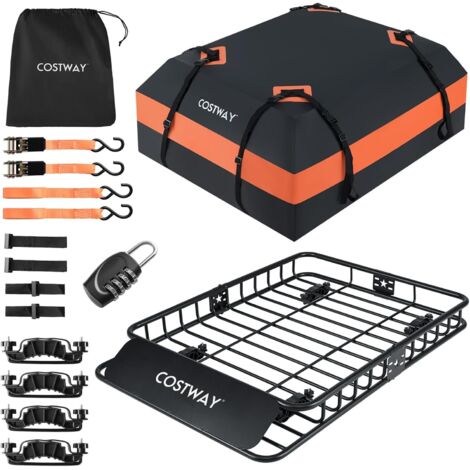 COSTWAY Portapacchi Auto da Tetto, Cestino Portapacchi da Tetto con Borsa per Bagagli e Cinghie a Cricchetto, Portata 90 kg, Barre Portatutto Universale per SUV, Camion, Berlina, 130 x 91 x 17 cm