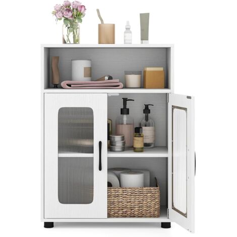 COSTWAY Mobile da Bagno, Mobiletto Salvaspazio con 2 Ante e Ripiano Regolabile a 3 Livelli, Scomparto Aperto, Design Anti-Ribaltamento e Piedini Rialzati, Armadietto per Lavanderia (Bianco)