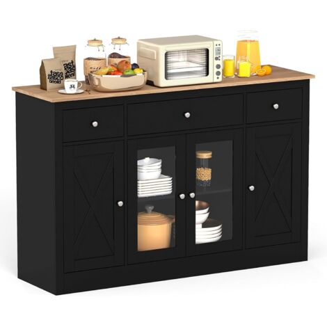 COSTWAY Credenza, mobile da cucina con 3 cassetti, 2 ante vetrate, ripiani regolabili, stile country, kit antiribaltamento, 140 x 40 x 90 cm, mobile contenitore per sala da pranzo, soggiorno (nero)