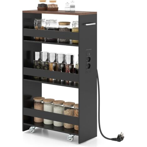 COSTWAY Carrello da Cucina a 4 Ripiani, Carrello in Legno con 4 Ruote Universali, Carrello Scaffale Stretto Salvaspazio con Manico per Bagno Ufficio, 47,5 x 20 x 80,5 cm (Marrone+nero,con presa)