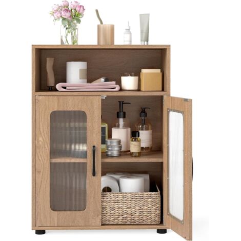 COSTWAY Mobile da Bagno, Mobiletto Salvaspazio con 2 Ante e Ripiano Regolabile a 3 Livelli, Scomparto Aperto, Design Anti-Ribaltamento e Piedini Rialzati, Armadietto per Lavanderia (Naturale)