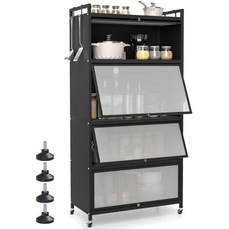 COSTWAY Armadio da Cucina a 5 Ripiani, Mobile Dispensa Cucina con Ruote Girevoli, 4 Porte PC a Ribalta e 4 Ganci, Mensola Microonde in Metallo per Soggiorno, Cucina, Sala da Pranzo (Nero)