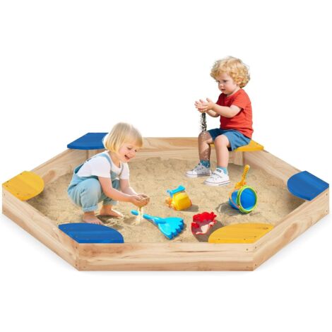 COSTWAY Sabbiera in Legno per Bambini, Combo Piscina di Sabbia e Fioriera Aperta con 6 Sedili per Giardino, 140 x 122 x 14 cm, per Bambini 3 Anni+