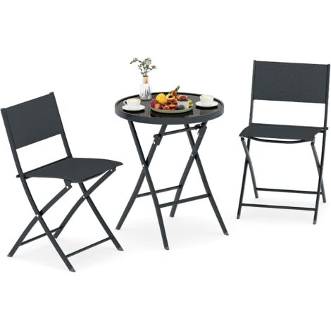 COSTWAY Set di 3 Bistro Giardino Pieghevole, Mobili da Pranzo con Sedili in Tessuto Traspirante, Piano in Vetro Temperato, Set Tavolino e Sedie da Esterno con Struttura in Metallo per Cortile Giardino (1/5)