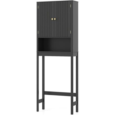 COSTWAY Mobile Bagno Sopra WC, Scaffale per Lavatrice Salvaspazio con 2 Ante, Mensola Aperta e Ripiano Regolabile, Armadietto Sopra Gabinetto in Legno, 60 x 23 x 168 cm (Nero)