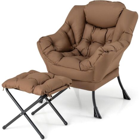 COSTWAY Poltrona Relax, Poltrona da Lettura con Cuscino, Elegante con Schienale e Seduta Imbottiti, Braccioli e Tasca di Stoccaggio, Portata 150 kg (Con Pouf, Marrone) (1/5)