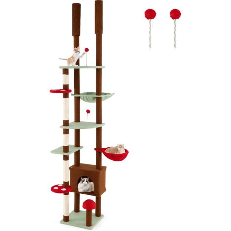 COSTWAY Albero per Gatti da Pavimento a Soffitto, Tiragraffi per Gatti a Forma di Fungo con Altezza Regolabile, Condo, Amaca, Cestino Sospeso Ruotabile, Tiragraffi in Sisal e 2 Palline a Molla (1/5)