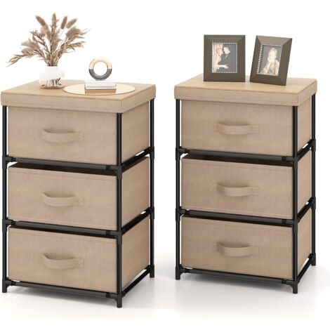 COSTWAY Comodino con 3 cassetti, set da 2, tavolino con struttura in metallo, cassettiera, armadio contenitore, cassettiera in tessuto per camera da letto, soggiorno, corridoio, 40 x 30 x 62 cm (marro (1/5)