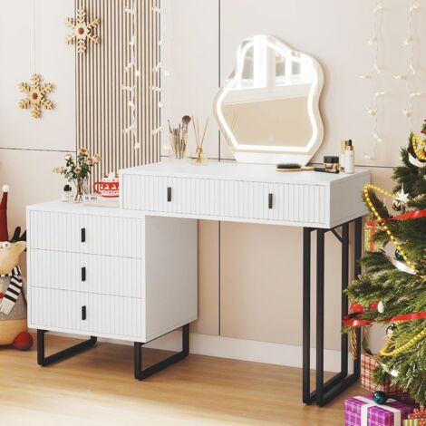 COSTWAY Toeletta Trucco con Luci LED, Tavolo Trucco con Luminosità Regolabile, 5 Cassetti e Tavolino Laterale, Finitura Fluted e Gambe in Metallo, Bianco