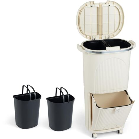 COSTWAY 38L Pattumiera da Cucina con Coperchi, Bidone per Raccolta Differenziata a 2 Piani con 2 Secchi Rimovibili, Pedale e Ruote, Contenitore per Rifiuti (Beige,2 piani)