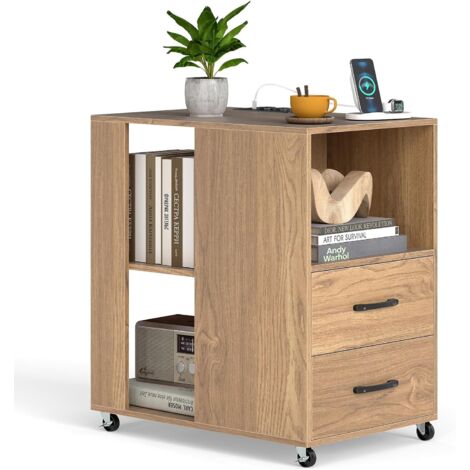 COSTWAY Tavolino Basso Laterale, Tavolino da Divano con Stazione di Ricarica, 2 Cassetti e Ripiani, Tavolo Versaliti per Camera da Letto, Soggiorno e Ufficio, 60 x 40 x 65,5 cm (Naturale) (1/5)