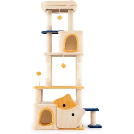 COSTWAY Albero per Gatti da Interno Alto 159 cm, Tiragraffi per Gatti con 2 Condo, Posatoio Morbido Rimovibile e Palo Scratcher in Sisal, Centro Attività Versatile per Animali Domestici