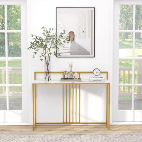COSTWAY Tavolo Consolle 120 cm, Tavolo d’Ingresso con Piano Effetto Marmorino e Sponda, Consolle con Struttura in Metallo Dorato per Salotto, Corridoio e Ingresso (Bianco)