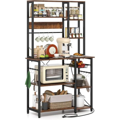 COSTWAY Scaffale da Cucina Salvaspazio, Scaffale a 6 Ripiani per Microonde con Stazione di Ricarica, Ganci a S e Cestino a Rete, Mobile da Cucina per Elettrodomestici, Pentole e Spezie