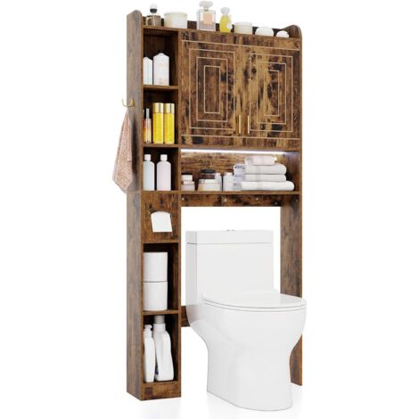 COSTWAY Mobile da Bagno Sopra WC, Scaffale Salvaspazio con Armadietto a 2 Ante, 6 Scomparti Aperti, Porta Fazzoletti, Gancio e Ripiano Regolabile, Mobiletto per Bagno e Lavanderia (Marrone)