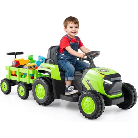 COSTWAY 12V Trattore Elettrico per Bambini, Trattore a Pedali con Rimorchio Staccabile Controllo Remoto Fari LED Clacson e Musica, Macchina Elettrica per Bambini 37-95 Mesi (Verde)