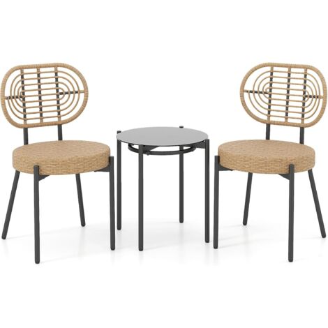 COSTWAY Set da Bistro da Esterno in 3 Pezzi con Vimini PE, Set Conversazione da Patio con Tavolino da Caffè in Vetro Temperato e Sedie in Rattan, Mobili per Esterni per Balcone, Terrazza e Giardino