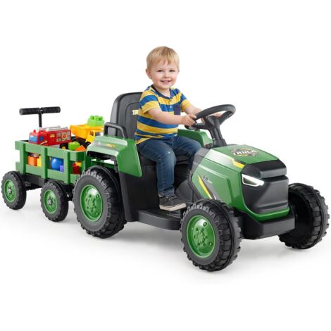 COSTWAY 12V Trattore Elettrico per Bambini, Trattore a Pedali con Rimorchio Staccabile Controllo Remoto Fari LED Clacson e Musica, Macchina Elettrica per Bambini 37-95 Mesi (Verde Scuro)