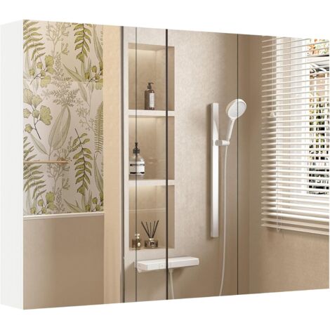 COSTWAY Mobile per Bagno con Specchio 87 cm con 3 Ante, Mobiletto Salvaspazio da Parete o Incasso, Armadietto per Medicinali con 6 Scomparti, Superficie Effetto Legno e Struttura in legno Robusta