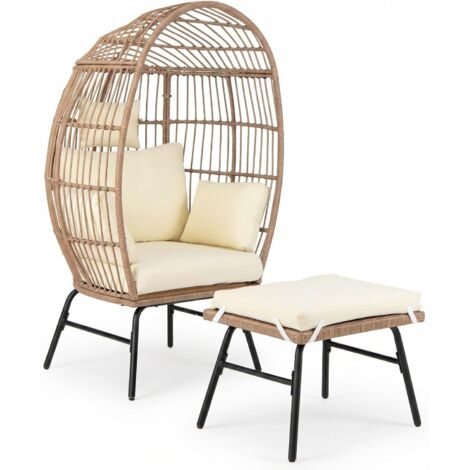 COSTWAY Sedia a Uovo con Poggiapiedi, Poltrona Salotto in Rattan PE, Set da 2 Pezzi con Struttra in Metallo e Cuscini, per Balcone, Bordo Piscina, Veranda, Soggiorno