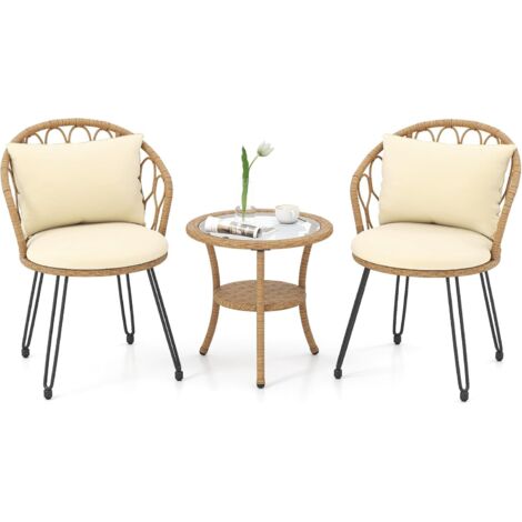 COSTWAY Set da Bistrò in PE Rattan 3 Pezzi, Set Conversazione con Cuscini e Tavolino da Caffè in Vetro Temperato a 2 Livelli, Mobili da Esterno con Sedie in Rattan per Balcone, Terrazza e Giardino