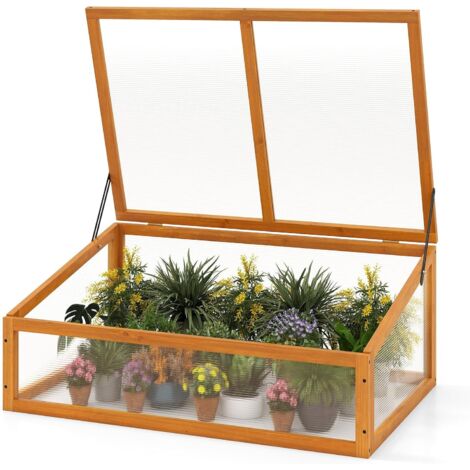 COSTWAY Serra in Legno, Mini Serra con Tetto Trasparente Apribile, Letto Rialzato da Interno ed Esterno per Balcone, Giardino e Veranda (Arancione)