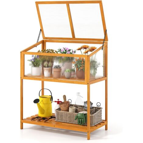 COSTWAY Mini Serra in Legno con Tetto Trasparente Apribile e Mensola a Doghe, Mini Serra Salvaspazio da Interno ed Esterno per Giardino, Veranda e Balcone, 90 x 50,5 x 105 cm