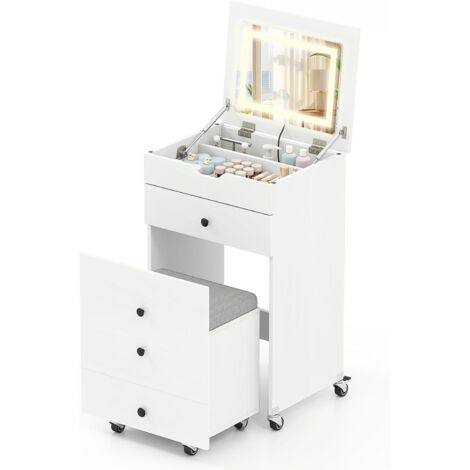COSTWAY Set Toeletta da Trucco con Luci, Tavolo Trucco con Cassetti e Sgabello, Specchio Ribaltabile, Spazio Contenitore, per Soggiorno Camera da Letto