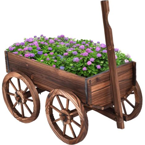 COSTWAY Fioriera da Esterno in Legno a Forma di Carrello, Carriola Portafiori dal Design Vintage, Decorazione per Giardino e Cortile, Marrone (1/5)