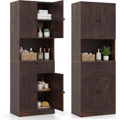 COSTWAY Mobile da Bagno Salvaspazio, Mobile da Terra con 4 Ante，60 x 35 x 171,5 cm，Marrone