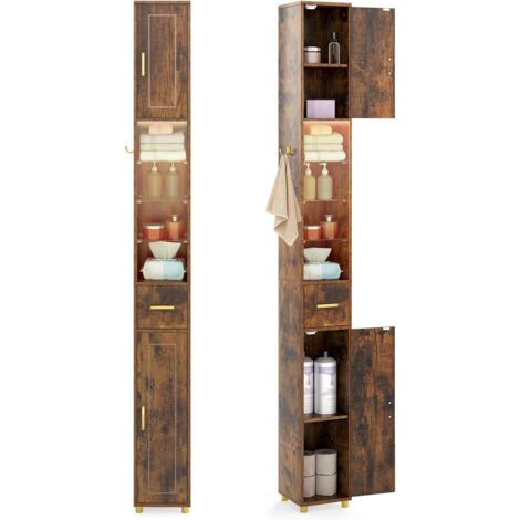 COSTWAY Mobile Bagno Alto e Stretto,con Striscia Luminosa, 20 x 20 x 181 cm,4 Ripiani, Caffè