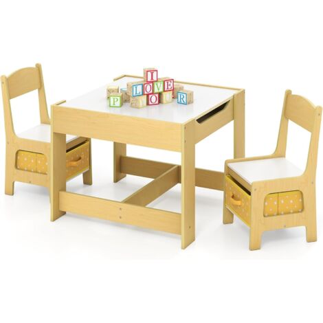 COSTWAY Tavolino Bambini 3 in 1, Set Tavolo e Sedie con Lavagna Rimovibile e 2 Sedie，Giallo