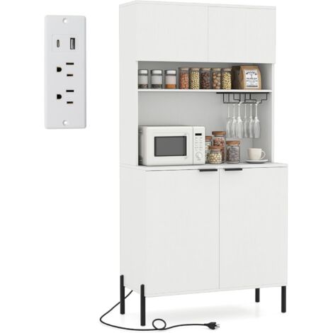 COSTWAY Credenza Alta da Cucina con Stazione di Ricarica, Armadio Dispensa da Cucina，Bianco