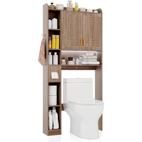 COSTWAY Mobile da Bagno Sopra WC, Armadietto a 2 Ante, 6 Scomparti Aperti, Grigio