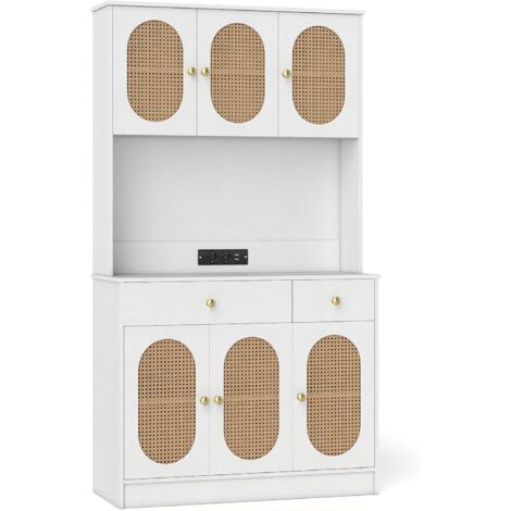 COSTWAY Mobile Dispensa 180 cm, Credenza Alta Cucina con 2 Cassetti, Stazione di Ricarica，Bianco (1/5)