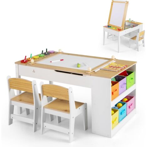 COSTWAY Set Tavolo da Disegno e Cavalletto per Bambini 3+ Anni，2 Sedie,Tavolo in Legno,Naturale