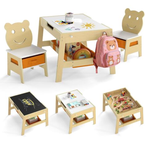 COSTWAY Set Tavolo e 2 Sedie per Bambini,Lavagna Reversibile,3+ Anni，5 in 1 Tavolino e Sedie，Naturale