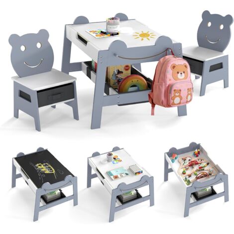 COSTWAY Set Tavolo e 2 Sedie per Bambini,Lavagna Reversibile,5 in 1 Tavolino e Sedie,3+ Anni,Grigio