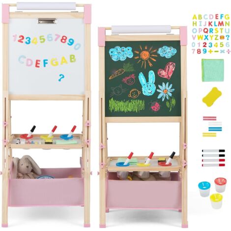 COSTWAY Cavalletto per Bambini Regolabile,Doppio Lato con Lavagne e Accessori,3-8 Anni，Rosa