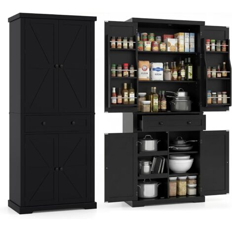 COSTWAY Credenza Cucina Alta 4 Ante,con 6 Ripiani sulle Ante,4 Ripiani,77 x 40 x 184 cm,Nero