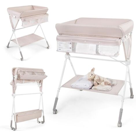 COSTWAY Fasciatoio Pieghevole per Bambini,Altezza Regolabile,Porta Asciugamani,0-12 Mesi,Beige