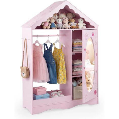 COSTWAY Armadio con Specchio per Bambini,con Appendiabiti Aperto, Scaffali e Ganci,Rosa